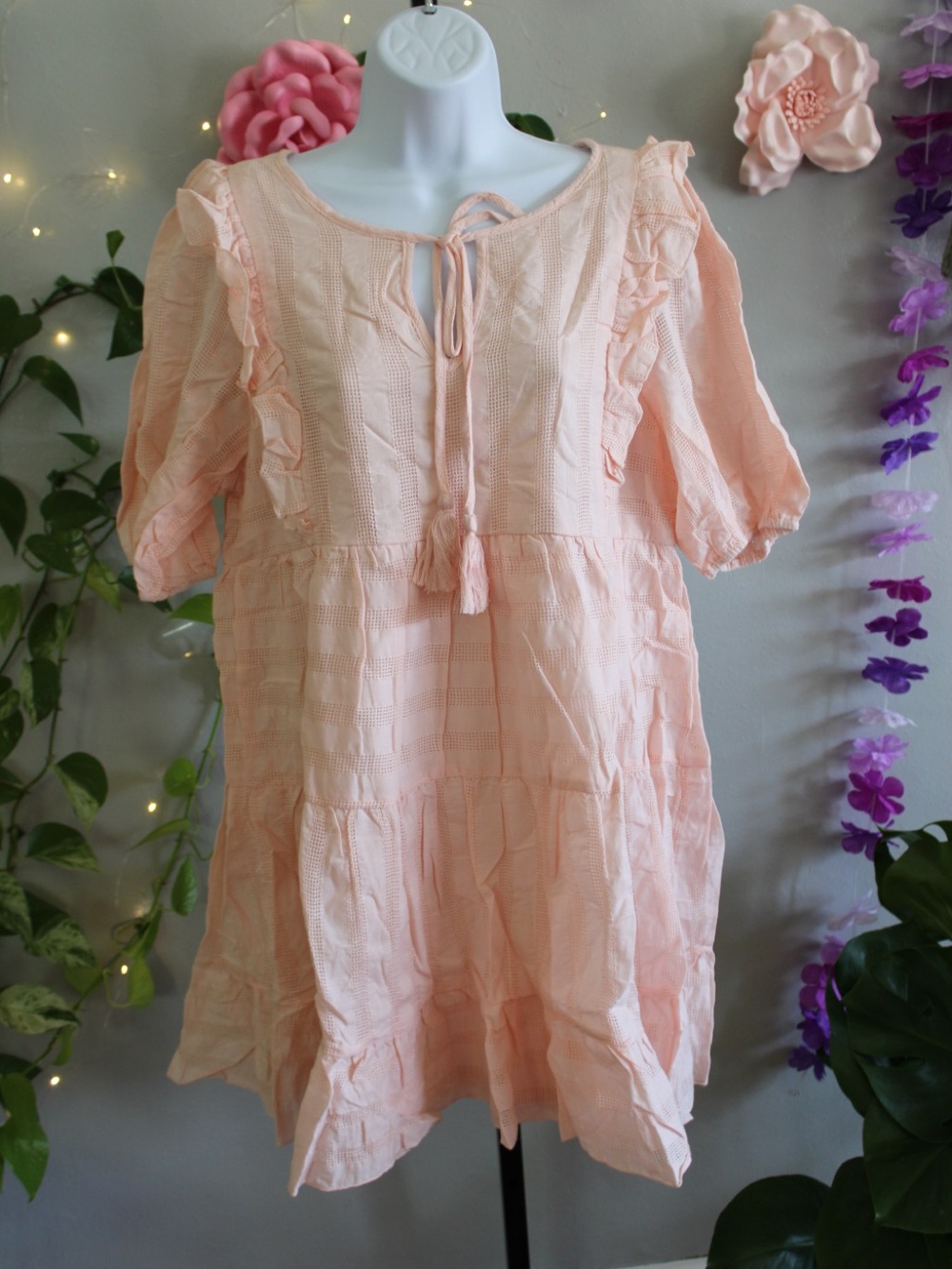 Easel Los Angeles Blush Pink Cotton Ruffle Tiered Babydoll Dress Size M
